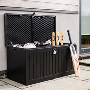 Olsen & Smith 270L MASSIVE Capacity Outdoor Garden Storage Box With Padlock Plastic Shed - Weatherproof & Sit On with Wood Effect Chest (270 Litre, Black)