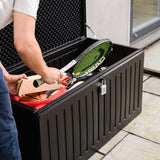 Olsen & Smith 270L MASSIVE Capacity Outdoor Garden Storage Box With Padlock Plastic Shed - Weatherproof & Sit On with Wood Effect Chest (270 Litre, Black)