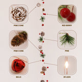 Olsen & Smith Set of 2 x 2m Pre-Decorated Christmas Garland with LED String Lights – Pine Cones, Red Berries, Pine Needles & Bells – Battery Operated Xmas Fairy Lights for Home, Mantel & Table Décor