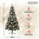 Olsen & Smith 6ft Snowy Pre Lit Christmas Tree – Artificial Indoor Xmas Tree with 300 Warm White LED Lights, Snowflake Ornaments, Frosted Branch Tips & Metal Stand – 750 Branch Tips