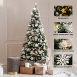Olsen & Smith 6ft Snowy Pre Lit Christmas Tree – Artificial Indoor Xmas Tree with 300 Warm White LED Lights, Snowflake Ornaments, Frosted Branch Tips & Metal Stand – 750 Branch Tips