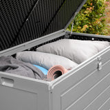 Olsen & Smith 680L MASSIVE Capacity Outdoor Garden Storage Box Plastic Shed - Weatherproof & Sit On with Wood Effect Chest