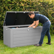 Olsen & Smith 680L MASSIVE Capacity Outdoor Garden Storage Box Plastic Shed - Weatherproof & Sit On with Wood Effect Chest