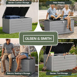 Olsen & Smith 680L MASSIVE Capacity Outdoor Garden Storage Box Plastic Shed - Weatherproof & Sit On with Wood Effect Chest