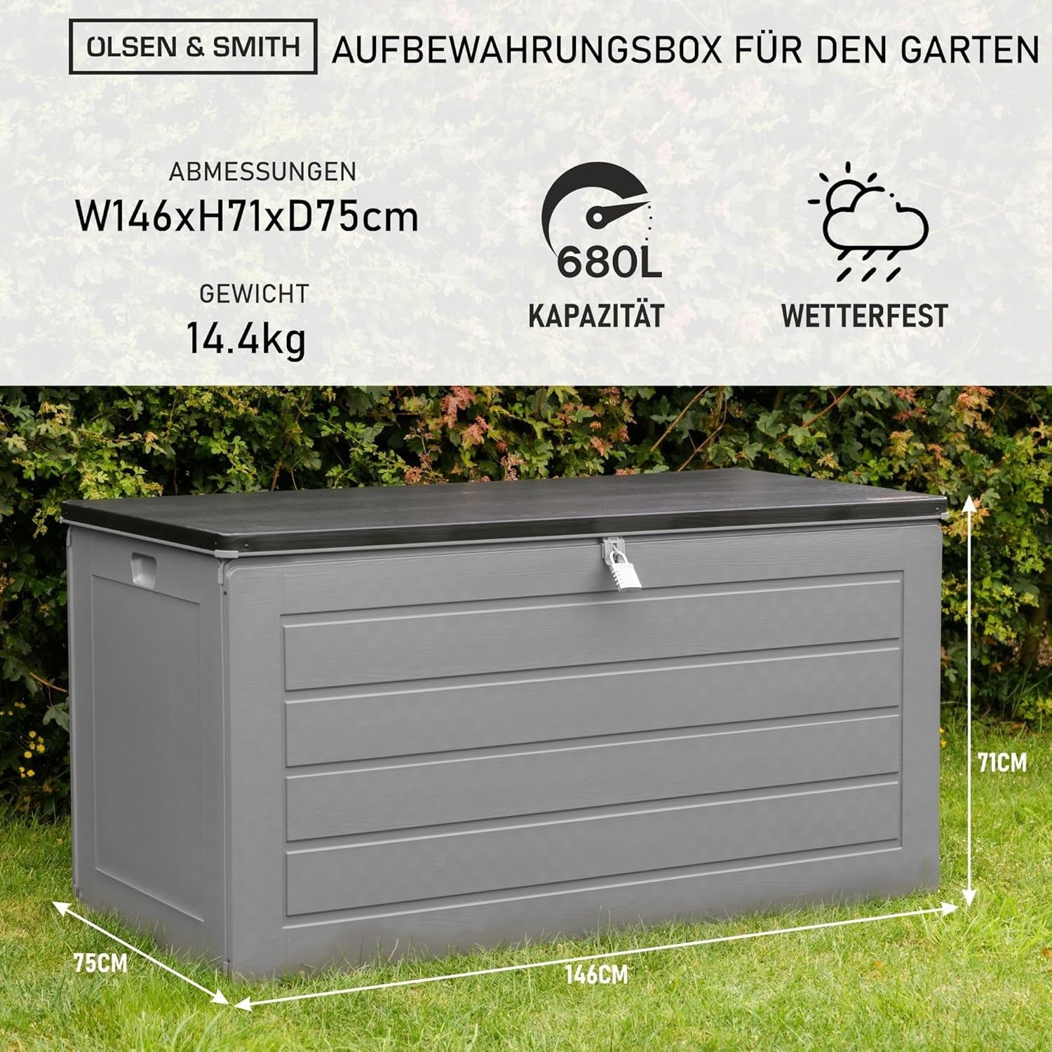 kiste garten aufbewahrung Olsen & Smith 680L Extra Große Garten-Aufbewahrungsbox – Wetterfest, A