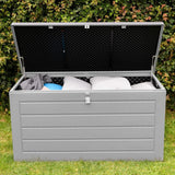 Olsen & Smith 680L MASSIVE Kapazität im Freien Garten Storage Box Kunststoff Schuppen - wetterfest & Sit On mit Holz-Effekt-Truhe